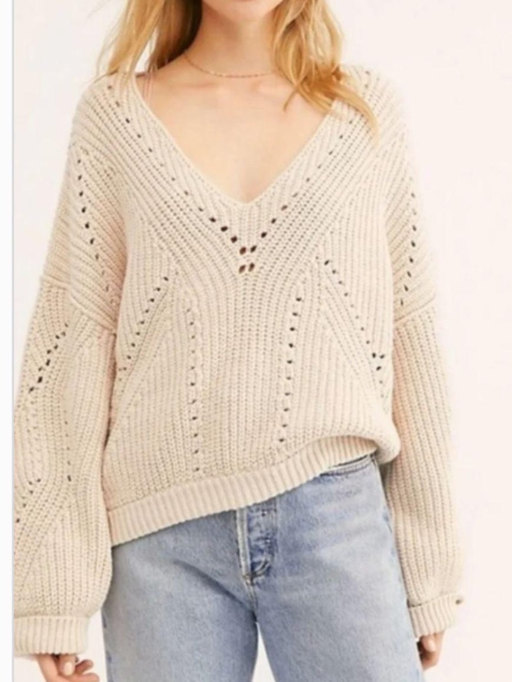 Free People Cream V-Neck Knit Sweater